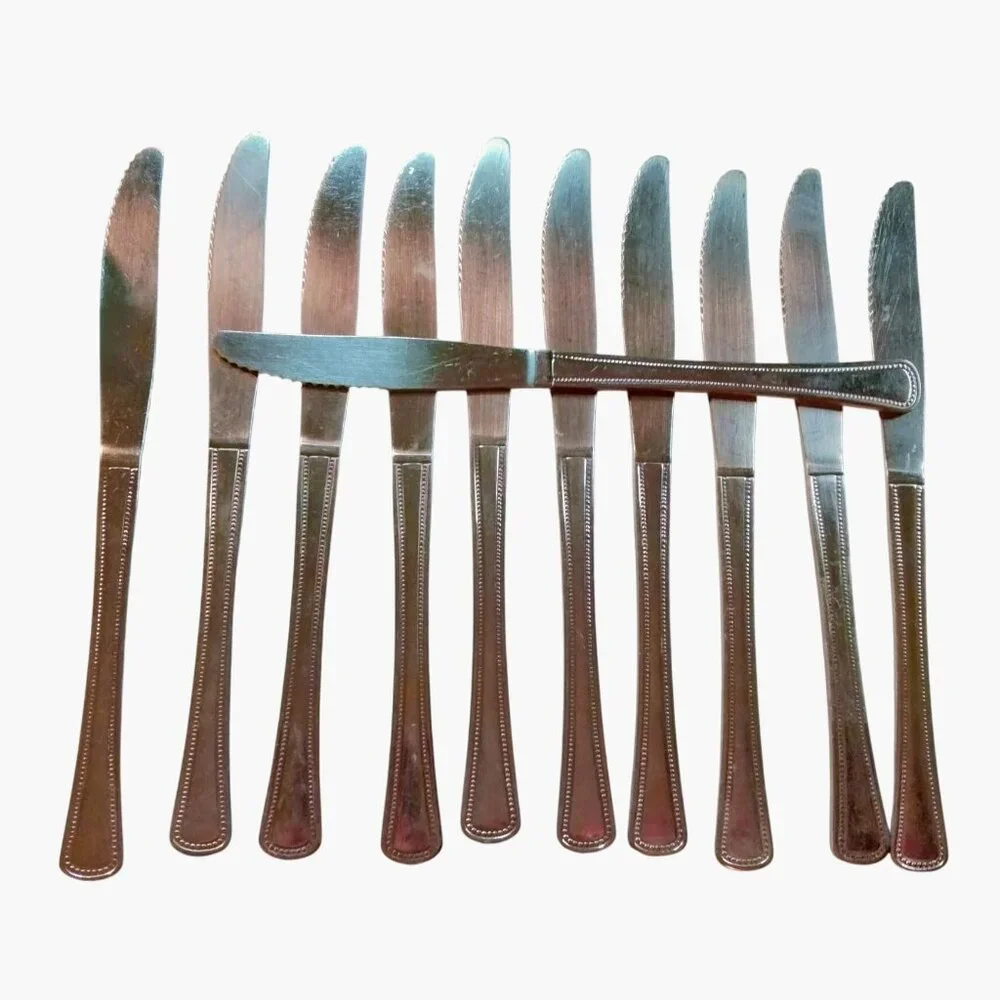 Stainless Steel Dinner Knives Beaded Border Classic Minimalist Modern Lot 11